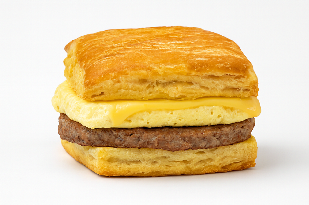 Sausage Egg Sandwich made with Baker Boy Whole Grain Croissant